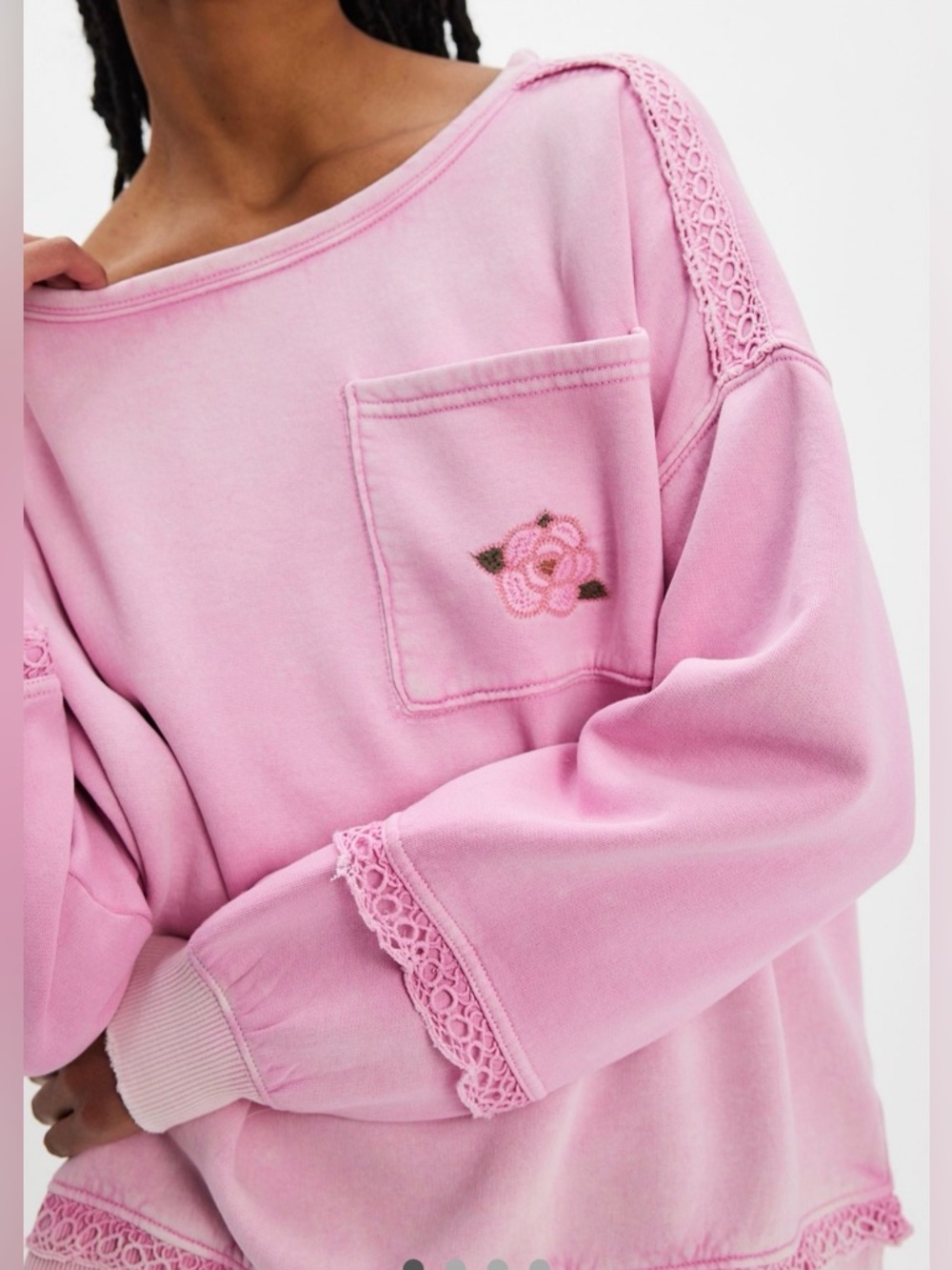 Free People Golden Hour Sweatshirt  Lace Trim Floral Pink Frosting